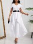 Solid Cold Shoulder Jumpsuit Casual V Neck Short Sleeve Jumpsuit With Overskirts Women's Clothing