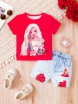 2 Pcs Girl Celebrity Graphic T-Shirt + Matching Shorts Leggings Girl's Set Holiday Casual Going Out Summer Clothes Gift