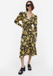 Gathered Satin Dress - Black yellow Floral