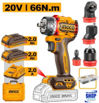Multi Head Cordless Drill 13MM Chuck 1PCS Offset Angle 1PCS Right Angle 1PCS Straight Attachment 2X Battery Charger Ingco CDLI20