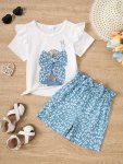 Summer 2PCS Girl Casual Character Back Shadow Print Short Sleeve T-Shirt + Floral Print Shorts Two-piece Set