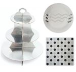 Party Set Decor - 3 Tier Reusable Cupcake Stand & 6 Paper Plate & Serviette