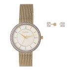 Ladies Watch Gift Set 35MM Champagne Dial Mesh Band And Gold Studs