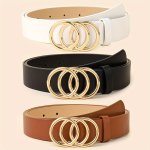 1 3PCS Triple Ring Buckle Casual Belts Trendy Solid Color Pu Leather Belts Simple Jeans Pants Belts For Women Daily Use