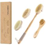 Debetool Dry Brushing Set - Natural Boar Bristle Body & Face Brush Wooden Long Handle Scrub Brush For Cellulite & Lymphatic Drai