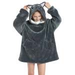 Kids Dark Grey Dog Oversized Plush Blanket Hoodie
