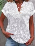 Embroidered V Neck Blouse Casual Short Sleeve Button Front Top For Spring & Summer Women's Clothing