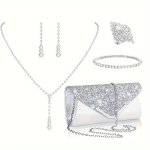 Exquisite Alloy Silver Plated Rhinestones Inlaid Jewelry Set With Dangle Earrings + Necklace + Bracelet + Ring + Bag Banquet Gif