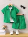 2PCS Boy's Solid Color Textured Short Sleeve Lapel Shirt + Shorts Co-ord Set Casual Comfy Spring And Summer Clothing As Gift