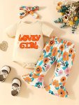 2PCS Baby's "lovely Girl" Print Bodysuit & Hairband & Sunflower Pattern Flared Pants Set Toddler & Infant Girl's Clothes For Sum