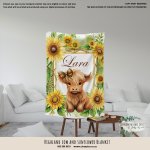 Personalised Fleece Blanket Highland Cow And Sunflower