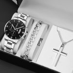 1 3PCS SET Men's Roman Scale Calendar Quartz WATCH 1PC Watch & Necklace Bracelet Set