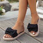 Women's Bowknot Decor Slides Open Toe Lightweight Slip On Flats Cute Seaside Slide Shoes