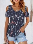 Flower Print Short Sleeve T-Shirt Casual Cold Shoulder V Neck Top For Spring & Summer Women's Clothing