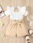 2PCS Sweet Girls Solid Bow Decor Ruffle Trim Short Sleeve T-Shirt Top + Shorts With Bow Belt Set For Summer