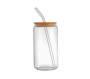 Clear Whiskey Cup With Bamboo Lid And Glass Straw For Cocktail