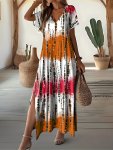 Tie Dye V-neck Dress Elegant Split Short Sleeve Dress For Spring & Summer Women's Clothing