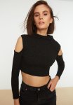 Stand Up Collar Cut Out Detailed Crop Knitted Blouse - Black