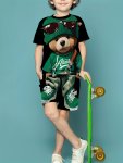 2PCS Boy's Cartoon Cool Bear Graphic Short Sleeve T-Shirt + Shorts Co-ord Set Casual Comfy Clothing As Gift