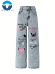 Girls 2024 Fashion Distressed Washed Wide Leg Long Length Denim Jeans Non-stretch Fashion Print Zipper Fly Jeans With Popular Sn