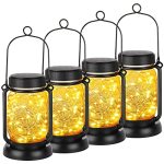 Mlambert 4 Pack Solar Hanging Lantern With Stakes Outdoor Waterproof Solar Mason Jar Fairy String Lights Decorative Vintage Glas