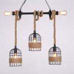 Industrial Vintage 5-LIGHT Rope Pendant Chandelier Rustic Hemp Rope Ceiling Light With Metal Cage Shades