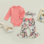 Pink Turtleneck Ribbed Romper With Matching Floral Flare Pants And Headband