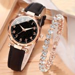 Elegant 2PCS Women's Watch Set - Quartz Analog With Faux Leather Strap & Matching Bracelet - Perfect Mother's Day Or Eid Gift