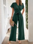 Surplice Neck Short Sleeve Jumpsuit Elegant Solid Tie Waist Wide Leg Jumpsuit For Spring & Summer Women's Clothing