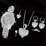 6PCS Women's Watch Luxury Rhinestone Quartz Watch Rome Fashion Stainless Steel Wrist Watch & Heart Jewelry Set Gift For Mom Her