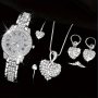 6pcs Women's Watch Luxury Rhinestone Quartz Watch Rome Fashion Stainless Steel Wrist Watch & Heart Jewelry Set Gift For Mom Her Gifts For Eid