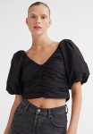 Gathered Puff-sleeved Top - Black