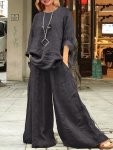 Plus Size Casual Outfits Set Women's Plus Solid Round Neck Long Sleeve Top & Wide Leg Pants With Pockets Outfits Two Piece Set