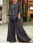 Plus Size Casual Outfits Set Women's Plus Solid Round Neck Long Sleeve Top & Wide Leg Pants With Pockets Outfits Two Piece Set