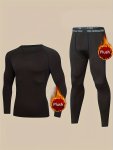 2PCS Men's Warm Quick Dry Fleece Compression Shirt & Comfy High Stretch Breathable Leggings For Fall Winter Outdoor
