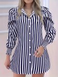 Striped Button Front Dress Elegant Ruched Long Sleeve Lapel Collar Shirt Women's Clothing For Elegant Dressing