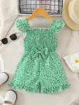 Sweet Girl's Bow Decor Floral Jumpsuit Casual Romper For Summer Holiday Outdoor Gift Party