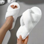 Solid Color Cross Strap Slippers Casual Slip On Plush Shoes Comfortable Indoor Home Slippers
