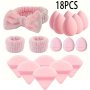 18/15PCS Pink Makeup Set Soft Fiber Crystal Cotton Delicate Triangle Dry Powder Puffs Beauty Blender Sponges With Headband Washable Facial Makeup Tools Kit