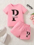 Girls 2PCS Alphabet 'p' Graphic Set Princess Letter Print Round Neck T-Shirt + Loose Shorts Summer Casual Outfit