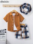 2PCS Boys Stylish Solid Color Short Sleeve Lapel Shirt & Plaid Shorts & Hat Set Comfy Summer Boys Clothing