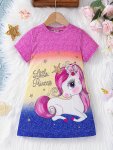Cute Unicorn Graphic Short Sleeve Dress Girls Gradient Dress Summer Gift