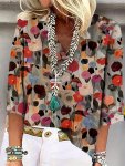 Floral Print V-neck Blouse Vintage Short Sleeve Blouse For Spring & Summer Women's Clothing