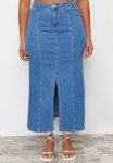 Plus Blue Front Slit Detailed Midi Denim Skirt - Blue