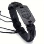 Huanming Men's Punk Style Black Wolf Head Faux Leather Bracelet - Handcrafted Braided Faux Leather Wristband