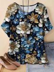 Plus Size Floral Print T-Shirt Casual Short Sleeve Crew Neck Top For Spring & Summer Women's Plus Size Clothing