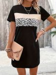 Leopard Print Colorblock Crew Neck Dress Casual Short Sleeve Dress For Spring & Summer Women's Clothing
