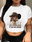 Figure & Print Crew Neck T-Shirt Y2K Short Sleeve Crop T-Shirt For Spring & Summer Women's Clothing