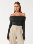 Kyla Ruched Bardot Top - L Midnight Grey Marle