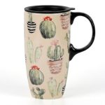 Topadorn 17OZ Ceramic Coffee Mug With Lid Watercolor Boho Cactus Mug Cute Succulent Porcelain Tea Cup Microwave Dishwasher Safe